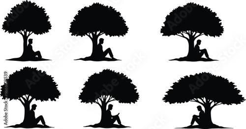 Silhouette illustration, person under tree, seated pose, reading gesture, nature scene, black icon, vector art, peaceful moment, outdoor relaxation
