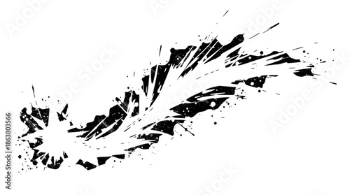 A dynamic black and white abstract design resembling a stylized feather or a shattered brush stroke with an energetic and explosive feel.