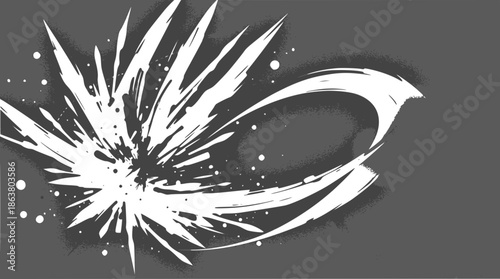 Abstract white dynamic burst and sweeping motion graphic on a dark grey background.