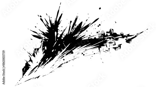 Dynamic black ink splash on a white background, creating an abstract and explosive visual effect.