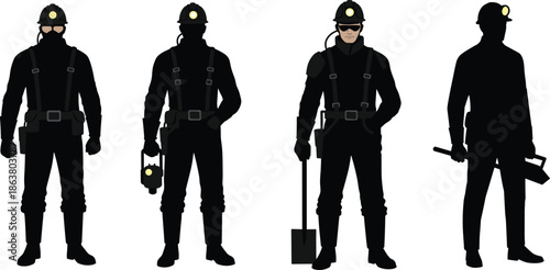 Silhouette miners, underground workers, protective gear, mining tools, helmet light, industrial pose, cartoon style, safety equipment, labor force, excavation scene