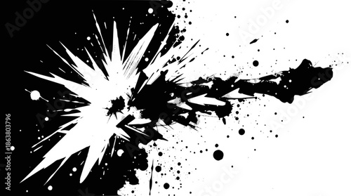 A dynamic black and white abstract graphic with an explosive white burst on a dark background transitioning into black splatters and a trail.
