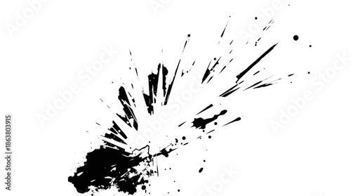 Dynamic black ink splatter on a white background, creating an abstract and energetic burst pattern with fine details and a grunge aesthetic.
