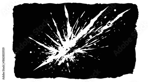 Abstract black ink splash or splatter with sharp, radiating lines on a clean white background, resembling an explosion or burst.