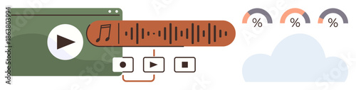 Media streaming, cloud storage, data visualization, audio analytics, video editing, online services. Media player and audio waveform connected to data analytics and cloud. Media streaming and cloud