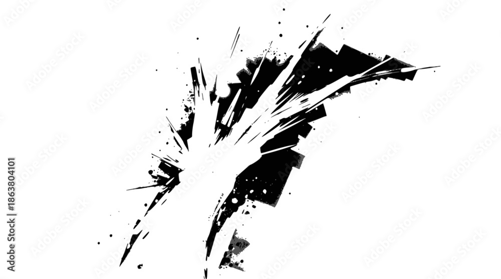 Naklejka premium Dynamic black and white abstract grunge design featuring a chaotic ink burst with sharp fragments and paint splatters.