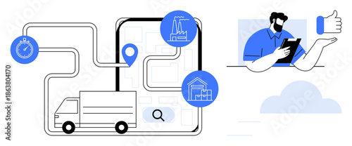 Supply chain management, logistics, transportation, delivery tracking, route optimization, customer service. Digital map, truck icons and a connected professional. Logistics and delivery tracking