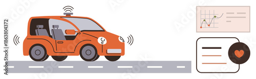 Autonomous vehicles, data analytics, smart technology, innovation, transportation, road safety. Self-driving car on road next to data charts. Autonomous vehicles and data analytics concept