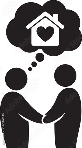 Couple dreaming of home with heart symbol in thought bubble