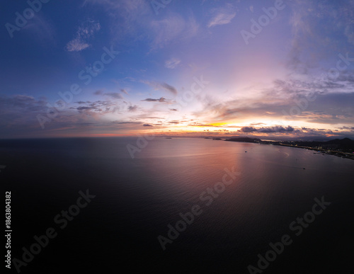 Aerial shot of Xinli Building in Shanwei Port, Shanwei City, Guangdong Province, captured at sunset