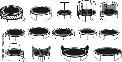 Set of trampoline silhouettes and line icons including fitness rebounders backyard jumping mats with safety nets for sports and recreation