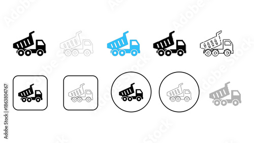 Collection of dump truck icons in various styles and colors