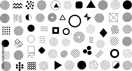Mega Geometric Shapes and Abstract Patterns Collection: Minimalist Black Vector Set of Circles, Triangles, Squares, and Memphis-style Design Elements.