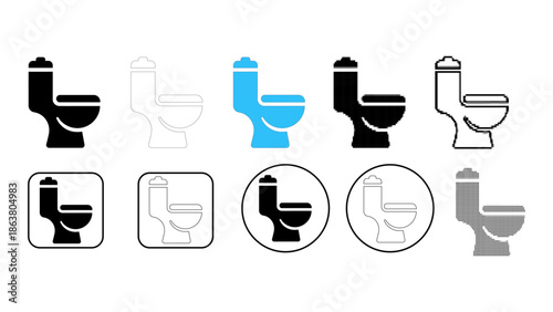 Collection of various toilet icons in different styles and colors