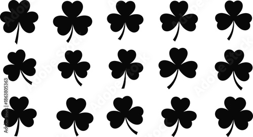 Shamrock, grid, pattern, black, white, silhouette, leaves, clover, puzzle, symmetry, design, nature, icon, shape, row, column, minimal, visual, motif, illustration, recognition