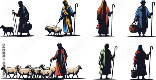 Shepherd illustration, pastoral life scene, sheep and staff, colorful robes, rural livelihood, traditional attire, religious symbolism, vector art, guidance theme