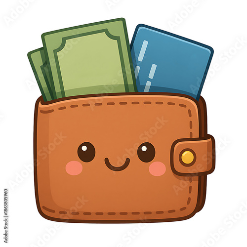 Cute cartoon wallet with smiling face holding cash and credit card isolated on gray background