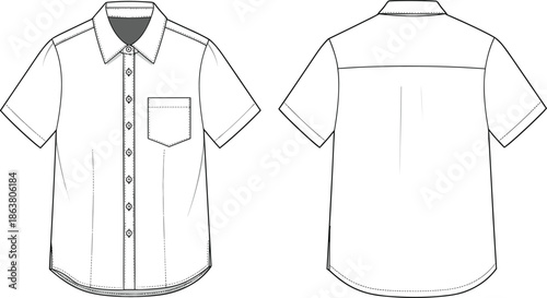 Short sleeve shirt sketch, button-up design, front and back view, fashion CAD, garment construction, apparel template, technical illustration
