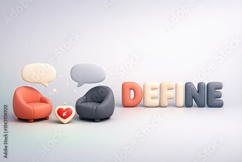 Engaging conversation exchange with contemporary armchairs and artistic speech bubbles conveying connection and identity in a serene minimalist design