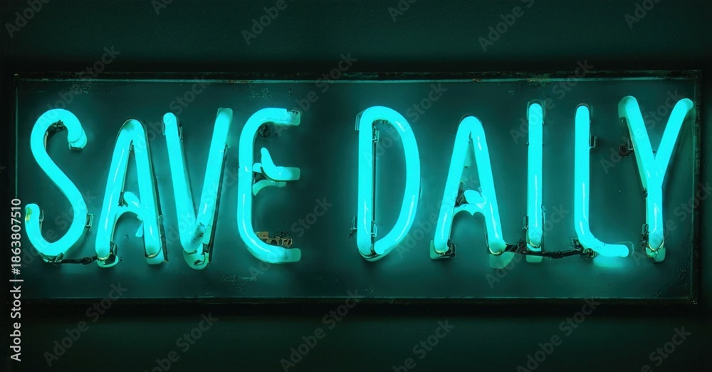 Obraz premium Bright neon sign displays Save Daily. Turquoise glow contrasts dark background. Simple message, bold lettering, modern aesthetic.
