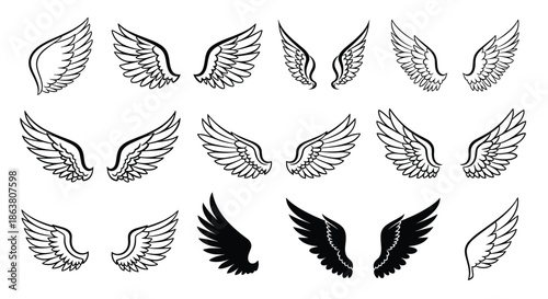 Various wing silhouettes and line art designs in different styles representing freedom and divinity for spiritual and fantasy themes.