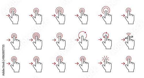 Comprehensive set of hand touch screen gesture icons for mobile apps and web design interface development on a white background.