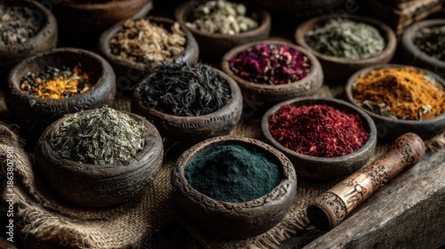 Close-up of various colorful herbs and spices in small wooden bowls
