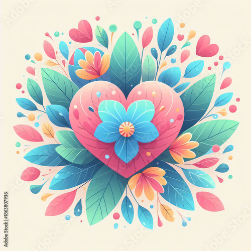 Heart with Flower and Leaves