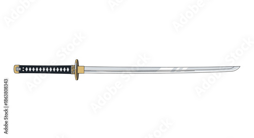 Traditional Japanese katana sword with a detailed black hilt and long polished blade on a clean white background.