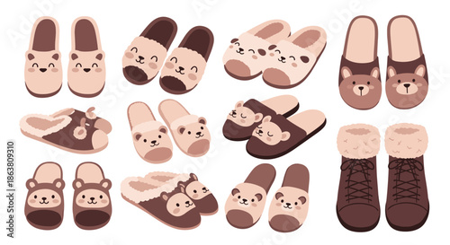 Large collection of cute animal themed indoor slippers and fuzzy boots featuring bears and other friendly characters.
