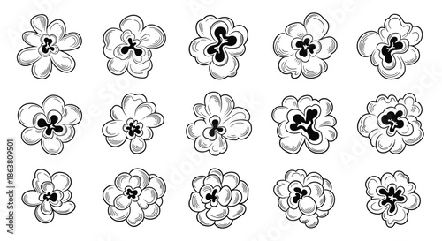 Assortment of hand drawn popcorn kernels in various shapes and sizes showcased in a neat grid for food and snack related graphic projects.