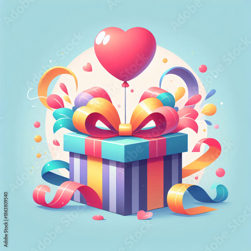 Colorful Gift Box with Heart Balloon
