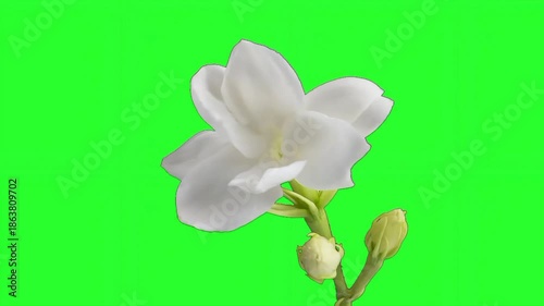 Beautiful time-lapse of a white jasmine flower blooming gracefully on a chroma key green screen. Keywords: jasmine, flower, blooming, time-lapse, white, nature, floral, growth, plant, botanical, jasmi