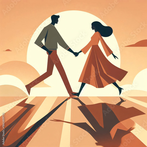 Couple holding hands walking in desert