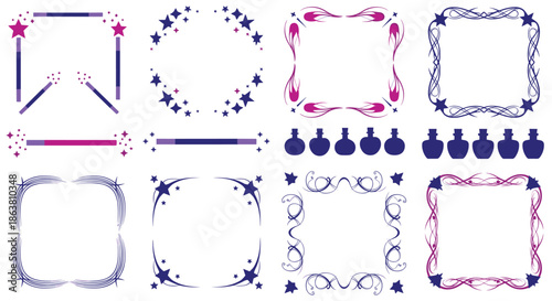 Set of magical and witchy-themed frames and design elements with stars, wands, and potion bottles in purple tones.
