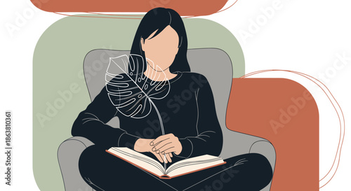 Abstract illustration of a faceless woman sitting in a chair reading a book, holding a monstera leaf in her hand.