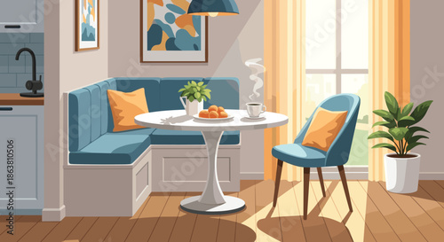 Sunlit breakfast nook illustration with a corner bench, fresh croissants, and hot coffee on a table by the window.