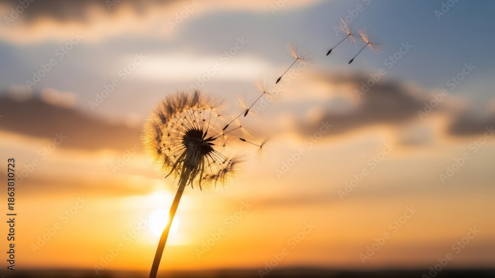 Fototapeta premium Dandelion seed head against a sunset, with seeds floating in the air