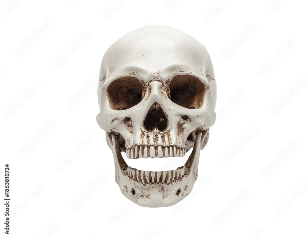 Obraz premium Human skull anatomical model with detailed teeth and sutures