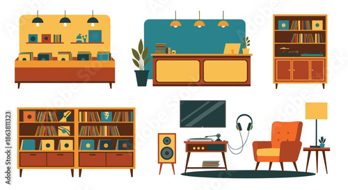 A collection of interiors and furniture for a vinyl record store or a music lover's room, including record shelves, a listening station, and a turntable.