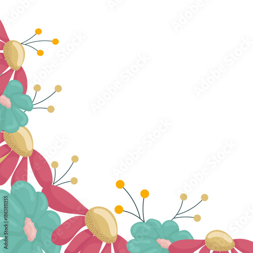 Floral corner frame with stylized red and turquoise flowers on a white background. Elegant botanical border design for invitations, cards, and decorative stationery.