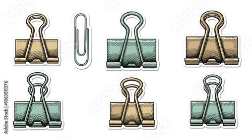 Set of office supplies including various binder clips and a paperclip, all illustrated in a detailed, hand-drawn, vintage engraving style with sticker outlines.