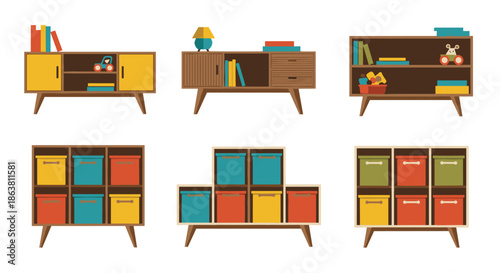 Collection of mid-century modern storage furniture for a kids' room or playroom, featuring wooden sideboards and shelves with colorful toy storage boxes.