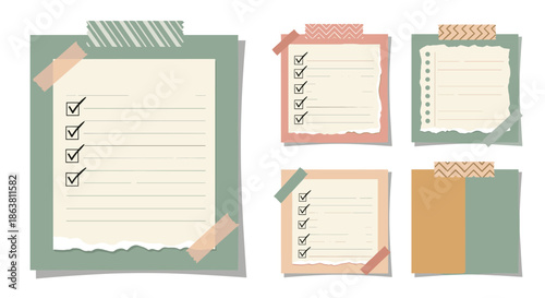 Set of aesthetic checklists and note papers with torn edges, held in place by patterned washi tape, perfect for scrapbooking, journaling, or planning.