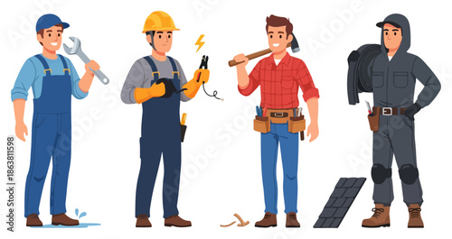 Construction Workers in Various Uniforms Standing.