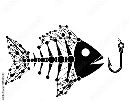 Black Silhouette Fish Skeleton on Fishing Hook.