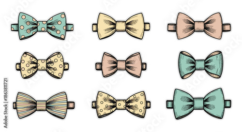 A charming collection of nine bow ties with various patterns like polka dots and stripes, illustrated in a classic, hand-drawn vintage style with soft colors.