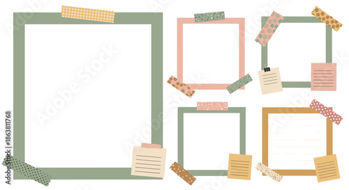 Set of aesthetic square frames and notepads decorated with patterned washi tape and sticky notes, ideal for scrapbooking, journaling, or creating social media posts.