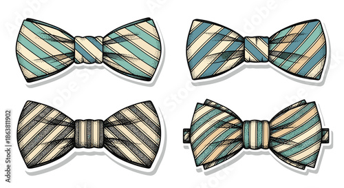 Collection of four elegant bow ties with various diagonal stripe patterns, presented in a classic, hand-drawn vintage illustration style with a sticker outline.