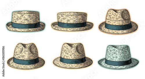 Set of classic men's straw hats, including fedora and boater styles with ribbon bands, illustrated in a detailed, hand-drawn, vintage engraving style.